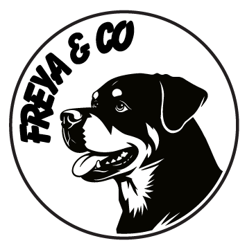 Circular black-and-white logo featuring a stylized Rottweiler-like dog facing left, with the text “FREYA & CO” in large curved letters along the upper edge.